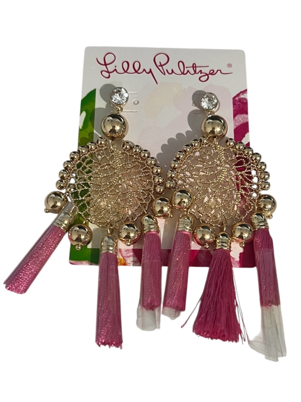 Lilly Pulitzer AURA PINK SEA DREAMER EARRINGS Gold Metal Lace Disc Tassels NWT